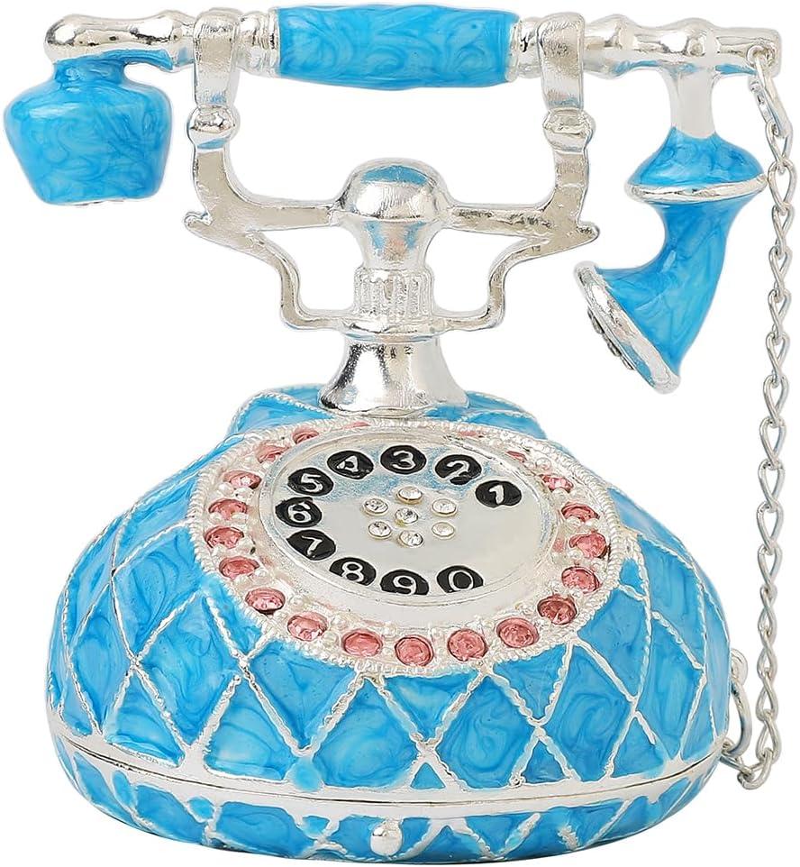 QIFU Vintage Blue Telepehone Shaped Enameled Trinket Box, Elegant Jewelry Box to Show Your Jewelry in style, Unique Gift for Your Family (T3 Silver-Blue)