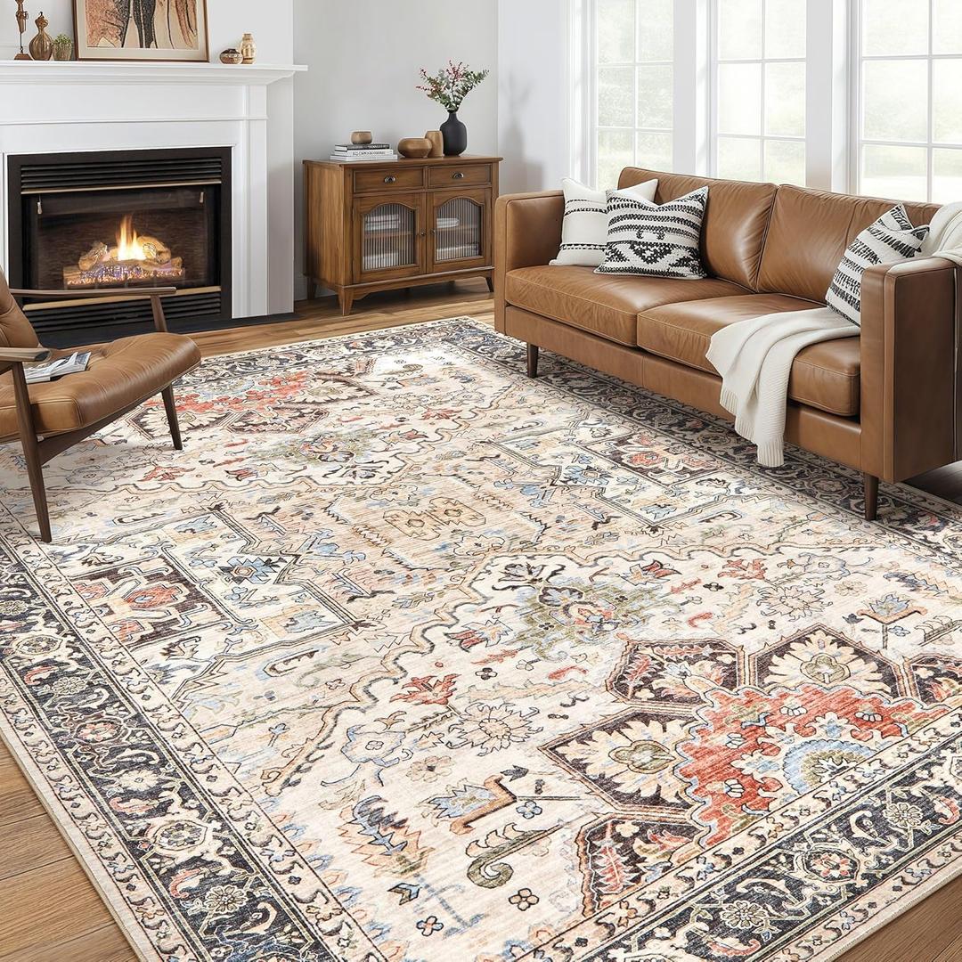 9x12 Area Rugs for Living Room - Large Carpet Ultra Thin Soft Washable Oriental Vintage Floral Distressed Rug Big Indoor Carpets for Bedroom Nursery Dorm Home Decor Aesthetic - Multi