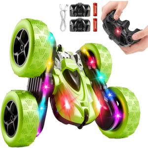 Remote Control Car – 4WD 360° Flip Double‑Sided RC Stunt Car LED Light Bar & USB‑C Modular Battery, Off‑Road Toys for Boys Ages 6‑12, Birthday Gift, Black‑Green