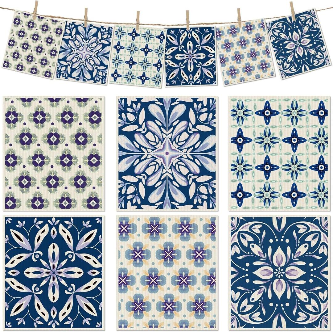 6 Packs Swedish Paper Cloths for Kitchen, Reusable Paper Towels Washable Dish Rags, Highly Absorbent Kitchen Towels Quick Drying Swedish Sponge Cleaning Dish Cloths (Blue Ornamentation)