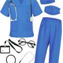ICECUTE Doctor Costume for Kids Scrubs with Accessories,7Pcs Toddler Halloween Costume for Boy Girls,3-11 Years (5-6T, Blue)
