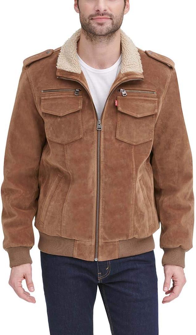 Levi's Men's Leather Sherpa Aviator Bomber Jacket, Cognac Faux Suede, X-Large