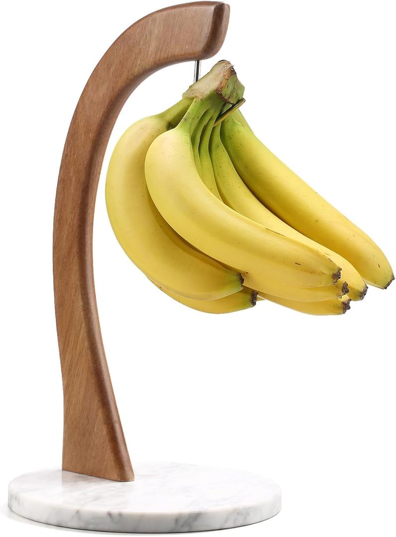 everous Marble Banana Holder with Stainless Steel Hook - Stable Banana Stand with Non-Slip Base, Heavy Duty Banana Tree & Hanger, Modern Marble Banana Rack for Kitchen Countertop (white)