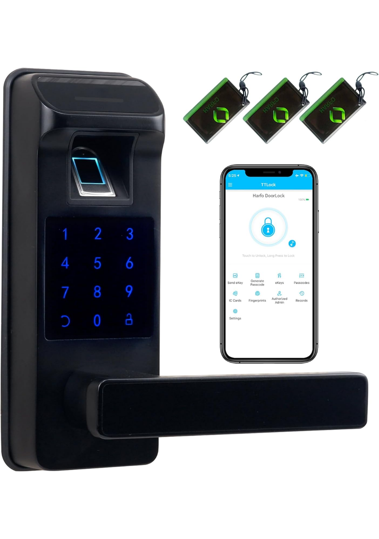 Harfo Smart Door Lock, Heavy Duty 5 in 1 Keyless Entry Door Lock, Full App Control Digital Keypad Lock, Reversible Handle with Fingerprints and Passcodes for Family/Office/Apartment (Black)