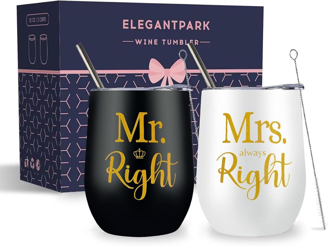 ELEGANTPARK Wedding Gifts for Couple Mr and Mrs Gifts Gift for Bride and Groom Cups Engagement Newlyweds Valentines Anniversary Mugs His & Hers Stainless Steel Wine Tumbler with Lid and Straw 12 OZ