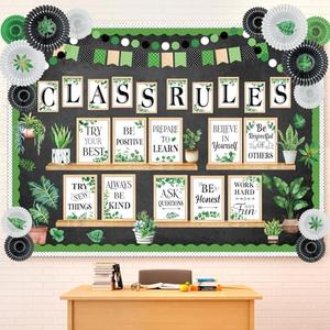 Pajean 140 Pcs Plant Classroom Bulletin Board Decoration Set Class Rules Posters with Paper Fans Motivational Wall Signs Inspirational Classroom Decor for Elementary Middle School Teacher Supplies