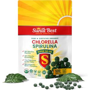 Sunlit Super 50/50 Organic Chlorella Spirulina Tablets - Super Supplement for Immune Support, Gut Health, Mood & Energy - Rich in Chlorophyll, Amino Acids & Vegan Protein, 500 Superfood Tabs (500 Count (Pack of 1))