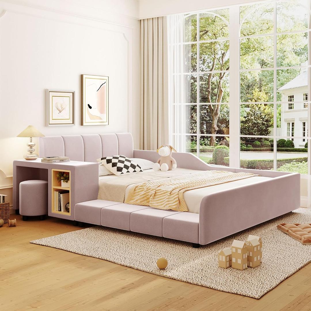 Merax Full Size Velvet Bed Frames Upholstered Grounded Bed, Wooden Mother & Child Bed with Bedside Desk and Little Round Stool, Kids Adults Bedroom Floor Platform Bed, Pink 80"L x 68"W x 29"H