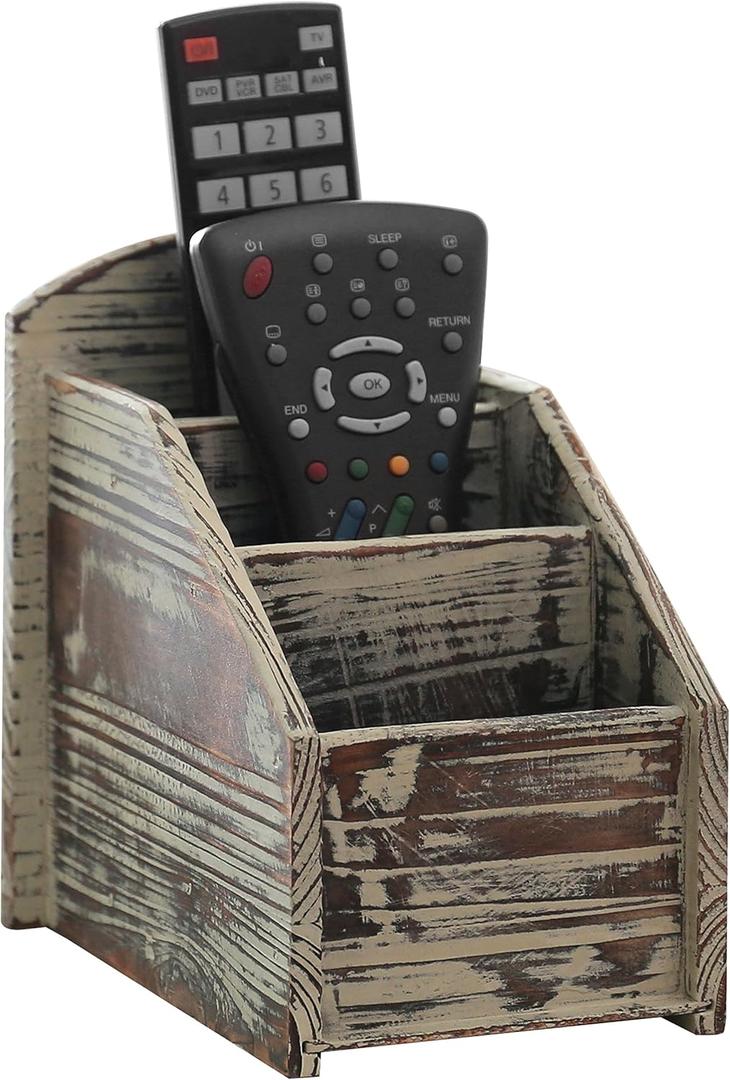 MyGift Rustic Torched Wood Remote Control Holder for Table with 3 Compartments, Living Room TV Media Organizer