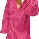 Saodimallsu Women Crochet Cover Up Long Sleeve Deep V Neck Hollow Out Sweater Oversized Beach Mini Dress Bathing Suit Coverup (Pink)