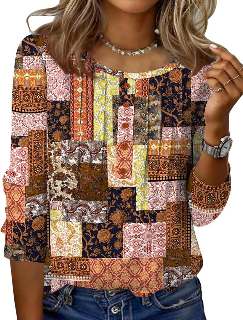 Zeagoo 3/4 Length Sleeve Womens Tops Round Neck Casual Summer Tunic Tops Basic Tees Blouses Dressy T-Shirts Pleated Shirts (X-Large, Mz810)