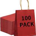 BAG BOX 100 Pack Medium 8.25x4.3x10.6 Inch Red Kraft Paper Gift Bags with Handles for Bulk Shopping, Retail, Craft, Party Favors, Wedding, Grocery & Sacks