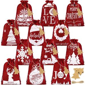 Mimind 24 Pack Christmas Linen Bags with Drawstrings - 7 x 5 Inch Burlap Gift Bags for Party Favor, 12 Designs, Wine Red