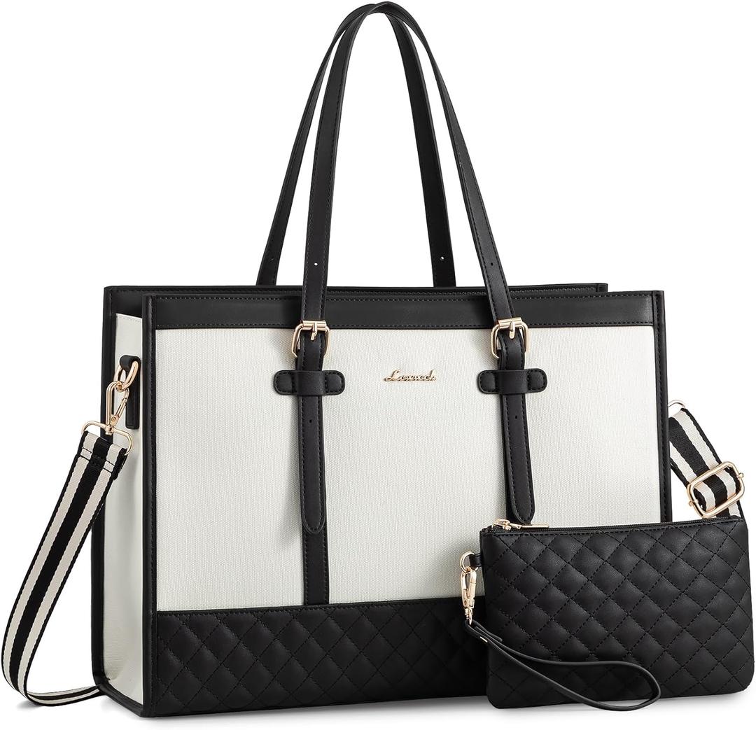 LOVEVOOK Women's Canvas Laptop Tote, 17.3 inch, Large Capacity Work Bag with Clutch Purse, Computer Bag Office Business Briefcase, Casual Handbag for Travel College Teacher School (A-black & White)