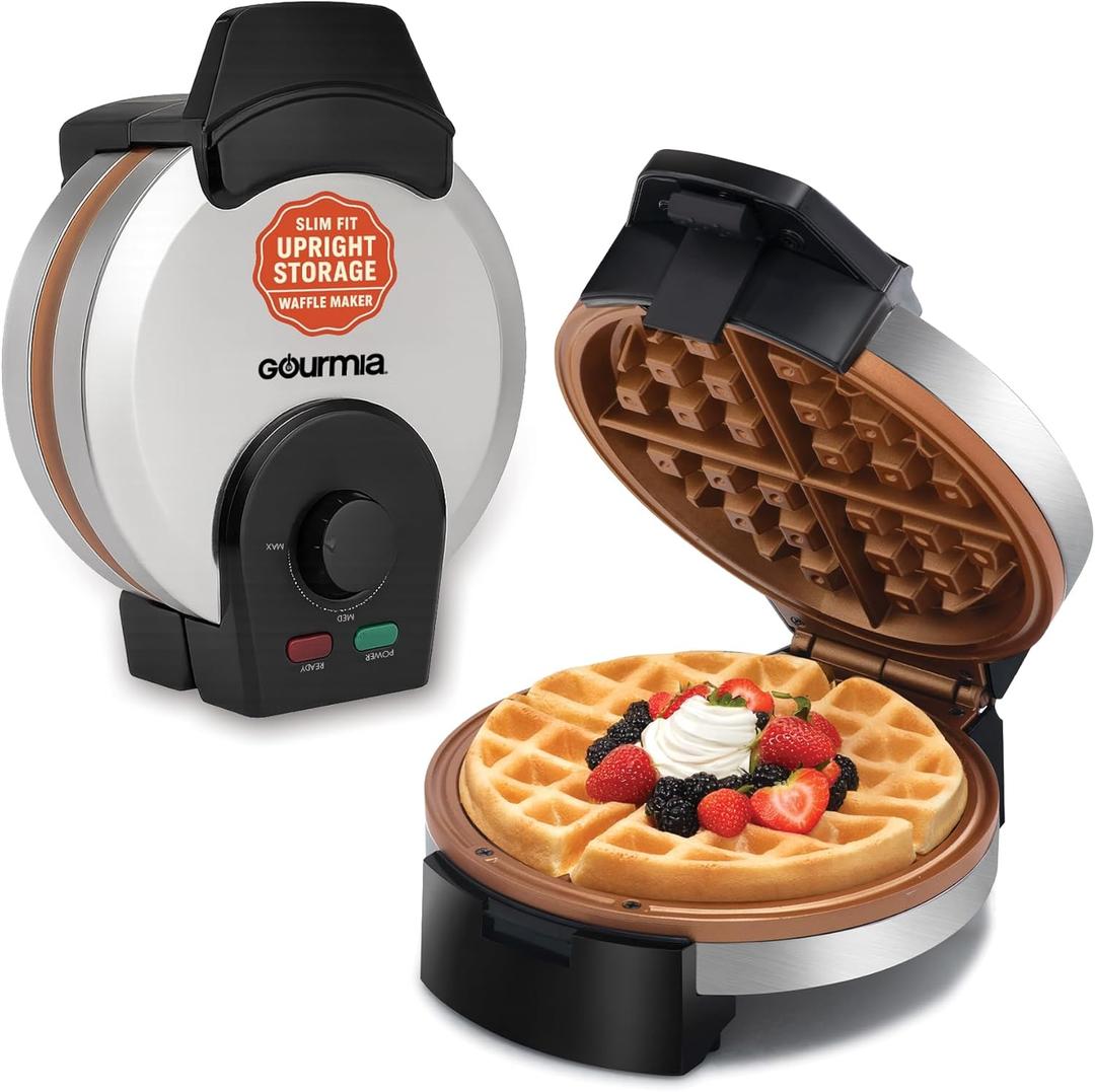 Gourmia Belgian Waffle Maker Compact Design with Upright Storage, Adjustable Browning, and Easy-Clean Nonstick Ceramic Plates, Stainless Steel