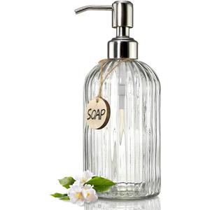 JASAI 18 Oz Clear Glass Soap Dispenser with Rust Proof Stainless Steel Pump, Refillable Liquid Hand soap Dispenser for Bathroom, Premium Kitchen Soap Dispenser (Clear) with Metal Stand 