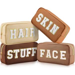 Cunno 4 Pcs Preppy Makeup Bags Chenille Letter Stuff Bag Nylon Cosmetic Pouch Cases with Zipper for Women Travel Toiletry (Brown Set)