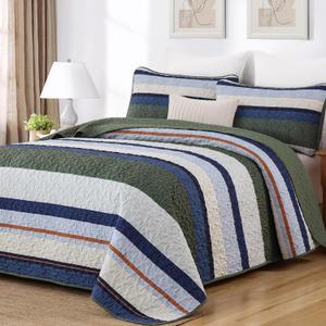 Dobuyly Queen Quilt Set, Boho Bedspread Queen Size, Green Striped Bedding Sets 3 Pieces, Lightweight Soft Olive Green Blue Coverlet Bed Sets with 2 Pillow Shams 96"x90"