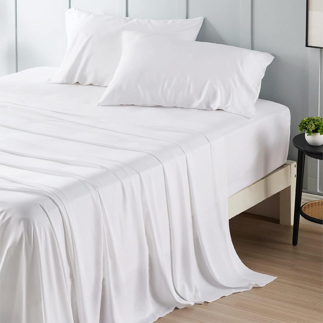 Bedsure King Size Sheet Set, Cooling Sheets King, Rayon Derived from Bamboo, Deep Pocket Up to 16", Breathable & Soft Bed Sheets, Hotel Luxury Silky Bedding Sheets & Pillowcases, White