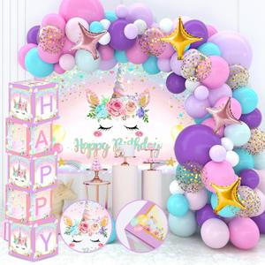 Unicorn Decorations - Happy Birthday Balloon Boxes with Letters, Unicorn Arch Kit and Backdrop