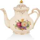 Ceramic Tea Pot, 35 OZ/4 Cup Ivory Vintage Floral Porcelain Teapot with Gold Trim, European Style, Gift for Women, Decorative Ideas (Colorful Floral)