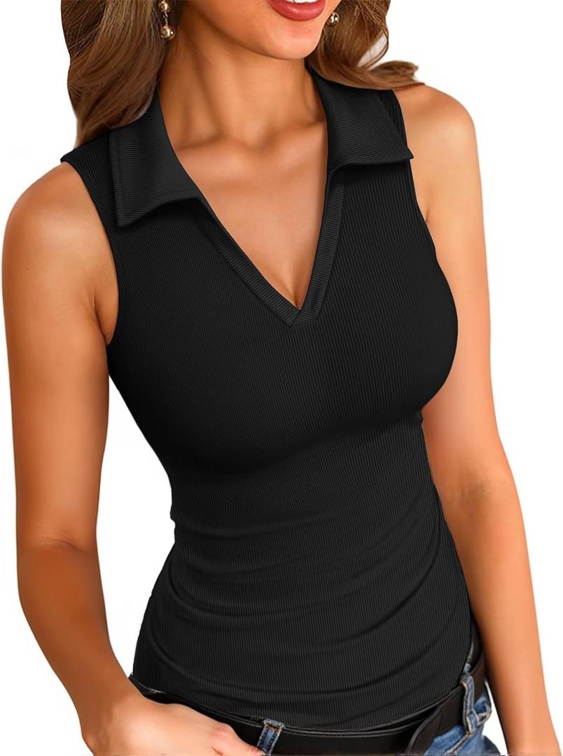 VICHYIE Womens Sleeveless Tank Tops Lapel Collared V Neck Slim Fitted Ribbed Knit Tight Polo Tops (XX-Large, Black)