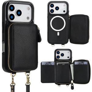 Bocasal for MagSafe Crossbody Wallet Case Compatible with iPhone 17 Pro, RFID Blocking Protective Purse Case with Card Slots Holder Kickstand Wrist Strap Lanyard Zipper 6.3 Inch 5G (Black)