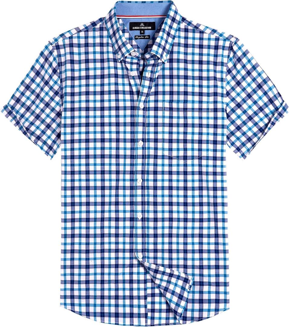 Alimens & Gentle Mens Plaid Short Sleeve Button Down Shirts Cotton Regular Fit Casual Gingham Shirts (4X-Large, Blue Navy Check)