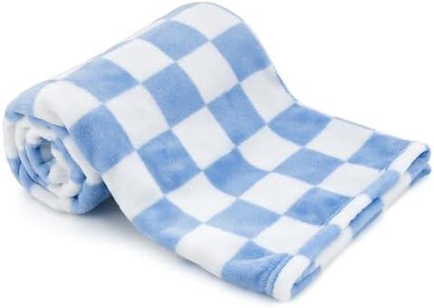 GreatBba Plush Checkered Baby Blanket for Boys Girls Nursery, 30"*40" Warm Short Fleece Blanket Neutral for Infant Newborn, Small Fuzzy for Sleeping, Chenille Baby for Stroller (Blue&White)