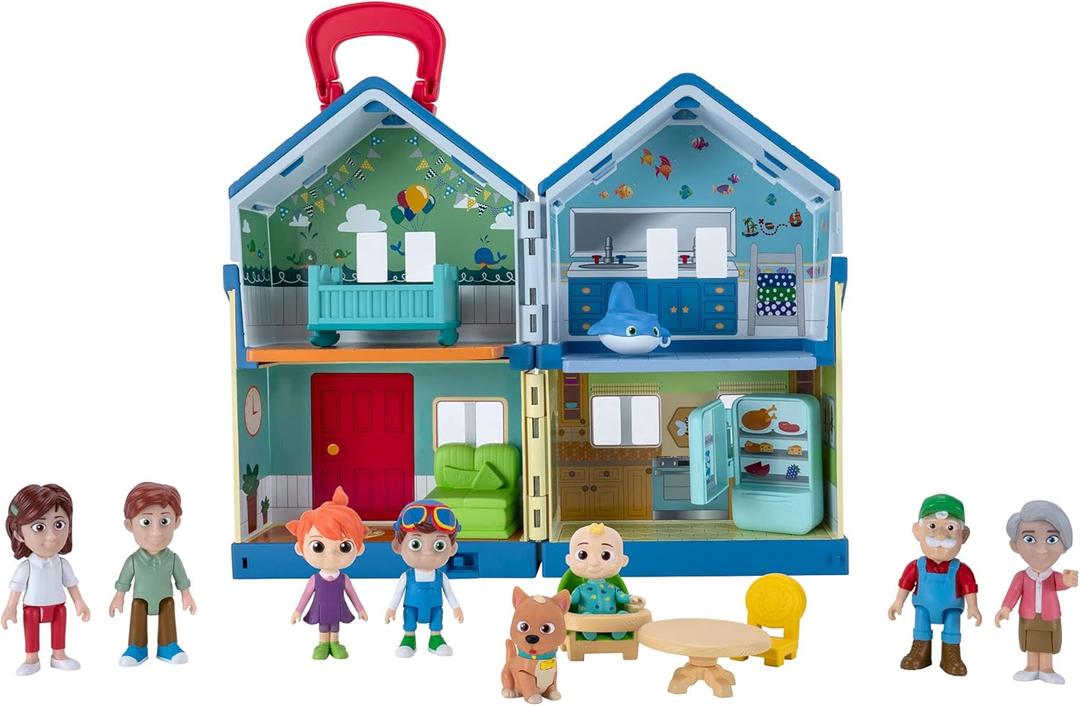 CoComelon Deluxe Family House Playset with Music and Sounds - Includes JJ, Family, Friends, Shark Potty, Crib, Sofa, Chair, High Chair, Dining Room Table, Fridge, Activity Sheet 
