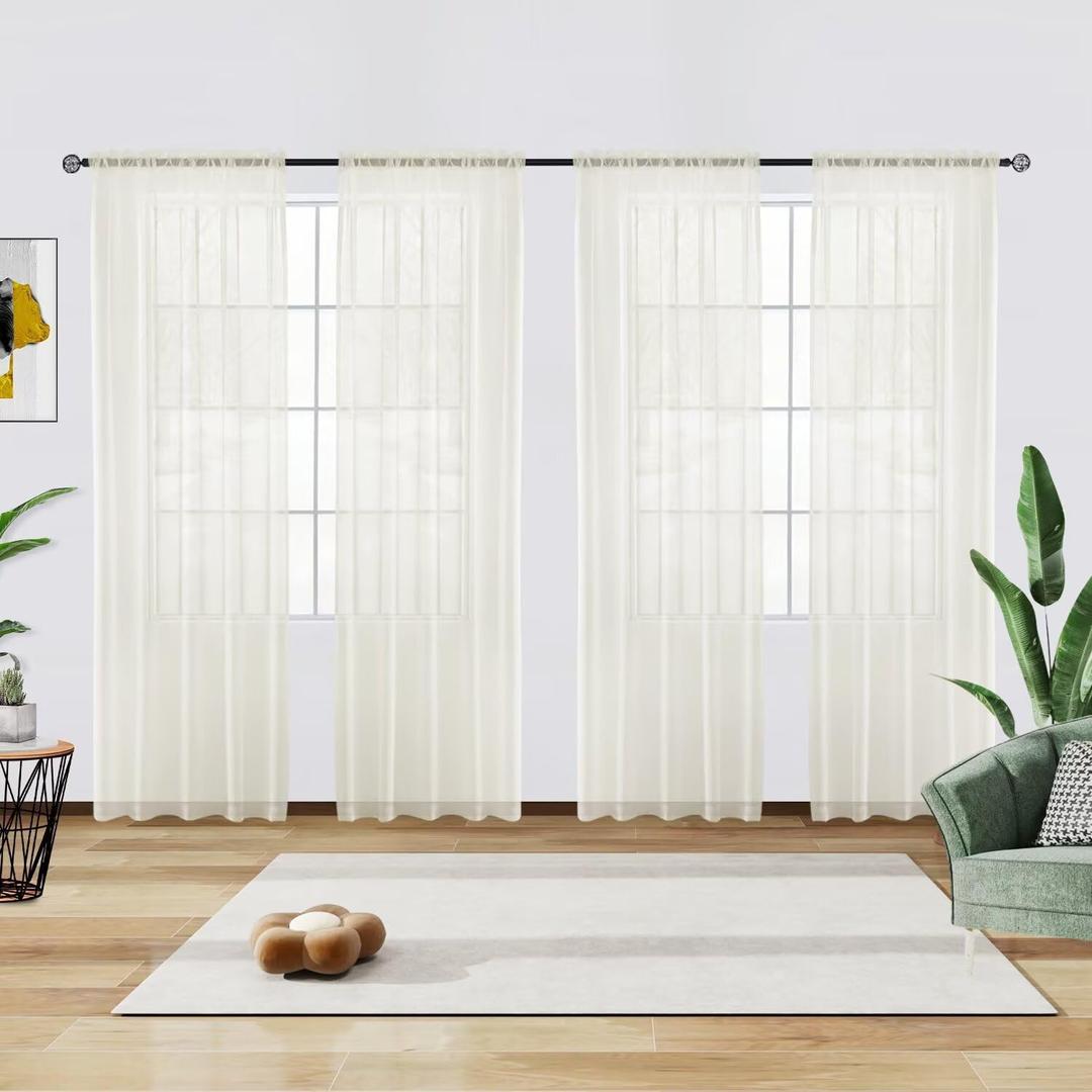 youleyar Solid Sheer Rod Pocket Curtain Voile Draperies 4 Panels Ivory Beige Black Grey Coffee 52 Inch Width 72 Inch Long 1 Pair for Kitchen Bedroom Children Living Room Yard(Ivory,52W72L)