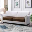 Loveseat Cushion Covers Leather-Look 2PC Stretch Love Seat Slipcover Sets for Living Room Individual Couch Seat Protector, Pet-Friendly, Non-Slip, Easy Fit - Brown