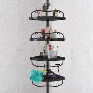 Shower Caddy,Shower Caddy Tension Pole with 4 ABS Baskets,Shower Storage Shelf with 56 to 125 Inch Adjustable Stainless Pole for Bathroom Black