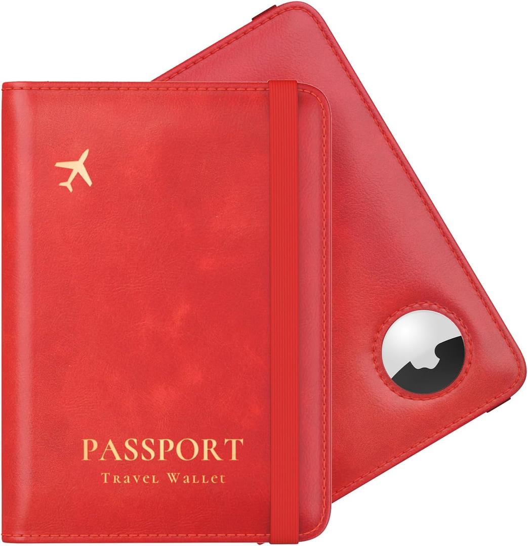 Stouchi AirTag Passport Holder, Simple Passport Holder with Airtag Slot, RFID Passport Wallet Cover for Women, Family Leather Passport Protector Case, AntiLost Travel Accessories, Red