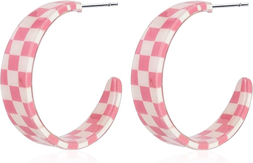 Checkered Big Grid C Shape Hoop Earrings Colorful Chunky Shape Trendy Earrings Cute Candy Acrylic Resin Earrings Jewelry for Women (Pink)