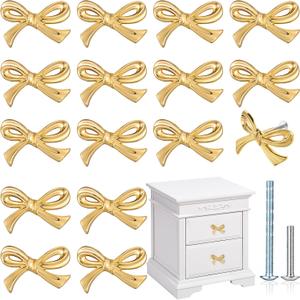 16 Pcs Gold Bow Drawer Knobs Brass Bow Knobs for Dresser Decorative Brass Drawer Pulls Vintage Cabinet Handles for Home Bedroom Kitchen Cabinets Hardware Cupboard (Small Size)