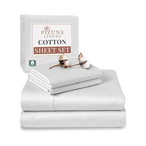 Pizuna 100% Cotton White Fitted Sheet + 2 Pillowcases Set 400TC Twin Sateen Weave 15" Deep Pocket Fitted Bottom Sheet Luxurious Cooling Twin Bedding Set