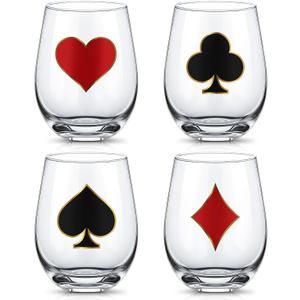 4 Pcs Casino Stemless Wine Glasses 18oz Las Vegas Drinking Glasses Poker Cups Casino Theme Party Decorations for Las Vegas Poker Game Party Gifts Supplies