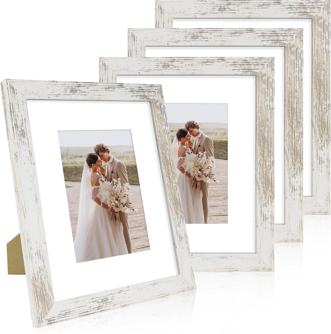 8x10 Picture Frame Set of 4, Made of Real Glass and Distressed White Wooden Frame, 8 by 10 Photo for Wall or Tabletop - Display Picture 5x7 with Mat or 8x10 Without Mat