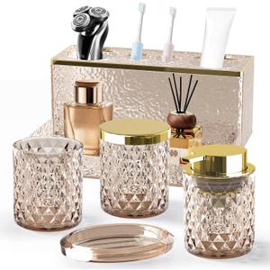 Glass Bathroom Accessories Set 5Pcs Crystal - Brown Foaming Soap Dispenser, Soap Dish, Cup, Acrylic Toothbrush Holder with Tray Organizer, Cotton Swab Jar, Bathroom Counter Set Sink Decor