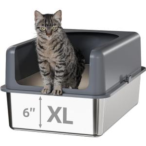 High-Sided Stainless Steel Cat Litter Box,Stainless Steel Litter Box with Lid,Extra Large Litter Box,Easy-to-Clean Metal Litter Pan for Cats (24''L X 16''W X 12''H with Enclosure)