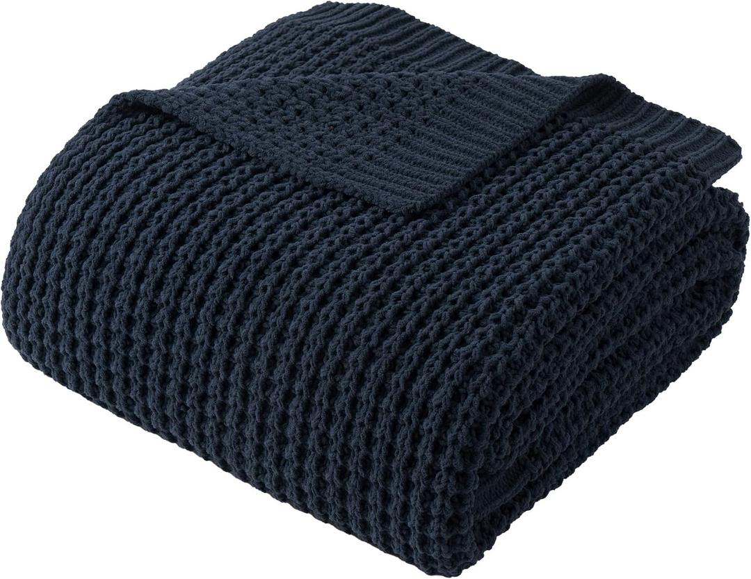 Bunnikins & Clover Navy Blue Throw Blanket for Couch, Knitted Blue Blanket Throw 50''x60'', Super Soft Waffle Navy Throws for Chair Sofa Home Decor