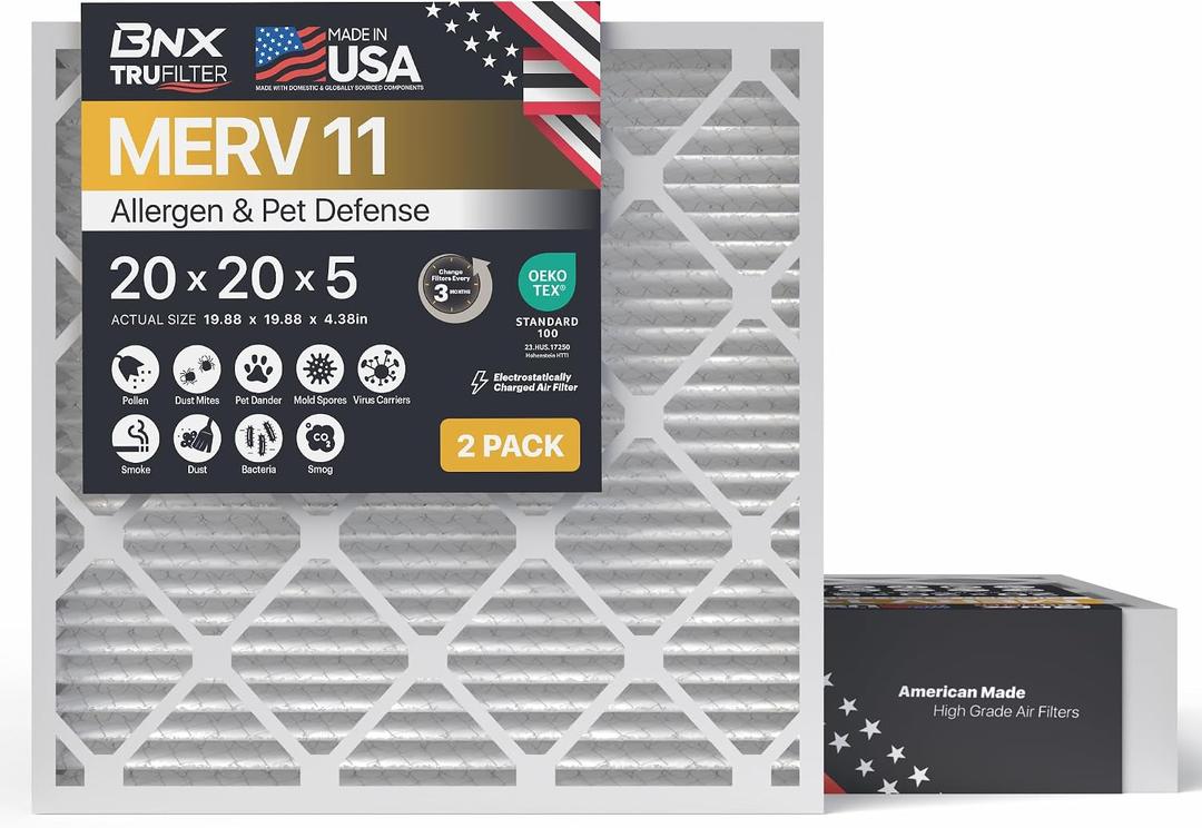 BNX TruFilter 20x20x5 (19.88 x 19.88 x 4.38 Honeywell Compatible 4) MERV 11 Air Filter (2-Pack) - MADE IN USA - HVAC AC Furnace Filters Health, Allergies, Mold, Bacteria, Smoke, MPR 1200 FPR 7