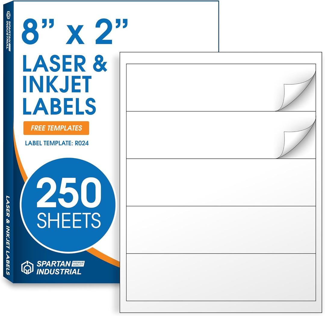8" X 2" Matte White Printable Water Bottle Labels (250 Sheets, 1250 Stickers) NOT Waterproof Bottle Wrap Around Stickers for Laser & Inkjet Printers - Spartan Industrial Template R024