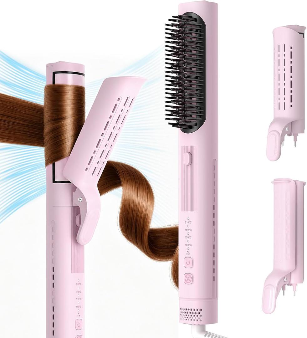 Airflow Curling Iron, Straightener & Flat Iron Combo, Red Light Hair Care, 3-in-1 Hair Styler with Interchangeable Attachments – 300M Negative Ions, Gift for Women, Pink