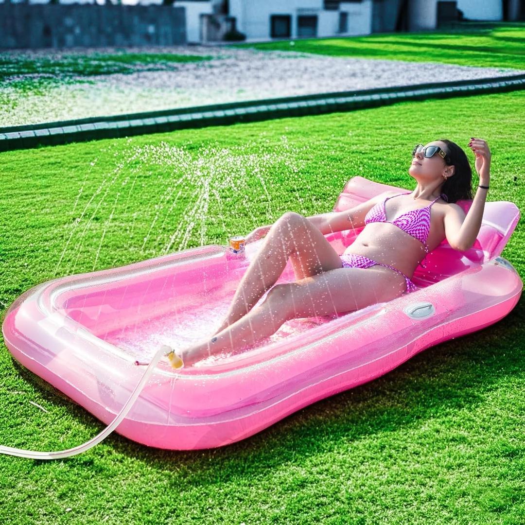 Inflatable Tanning Pool Lounger Float with Sprinkler, Pool Float Adult with Pillow & Cup Holder, Sunbathing Blow Up Tanning Bed, Suntan Tub Raft Floatie for Backyard Summer Water Party Extra-Large