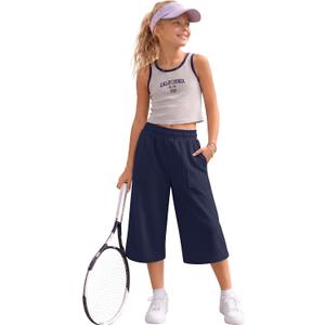 Girl's Capris Pants Wide Leg Cropped Pant Casual Summer Sweatpant with Pockets Loose Elastic Waist Capri 5-14 Years