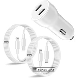 iPhone 14 13 Car Charger, [Apple MFi Certified] 45W Dual Port USB C Rapid Apple Car Adapter with 6ft Type C to Lightning Cable Fast Charging for iPhone 14 Pro/14 Pro Max/14 Plus/13/12/11/X/XS/SE,iPad (White)