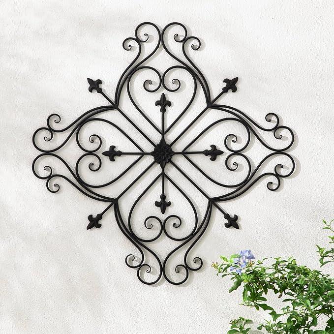 Glitzhome Black Metal Wall Art Decor, 23”H Floral Iron Wall Decor with Ornamental Scroll Design, Indoor Outdoor Wall Accent for Garden Porch Patio, Color: Black metal