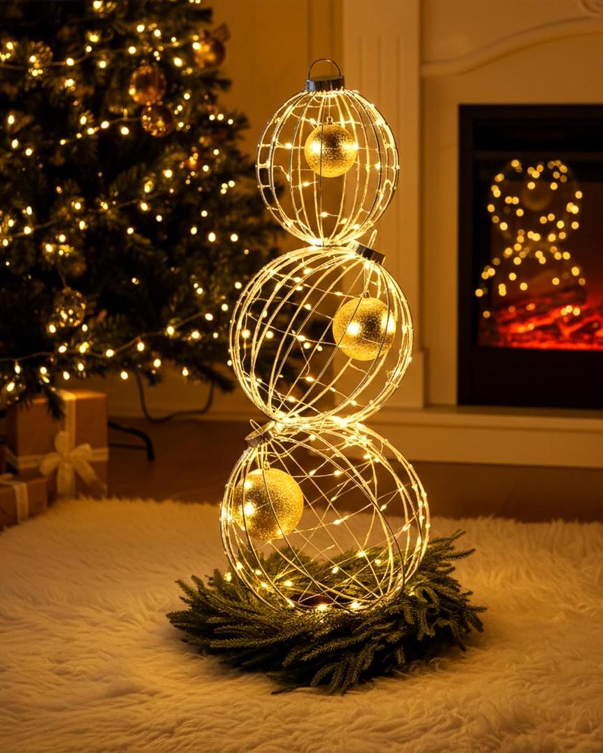 Set of 3 Christmas LED Light Balls Outdoor Decorations, Hanging Christmas Front Door Yard Twinkle Ornaments Set Sphere Light Decorations for Xmas Holiday Garden Patio Outside Decor, Warm